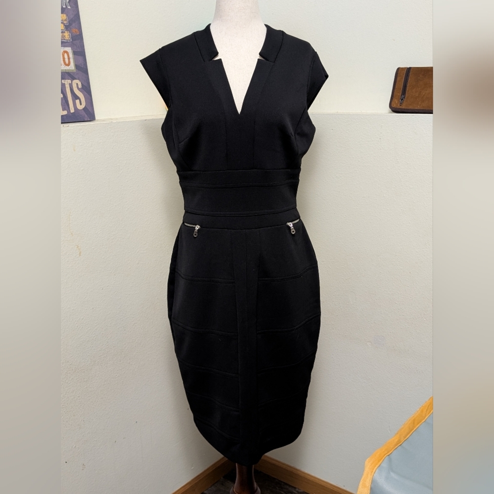 Maggy London Black V-Neck Midi Sheath Dress